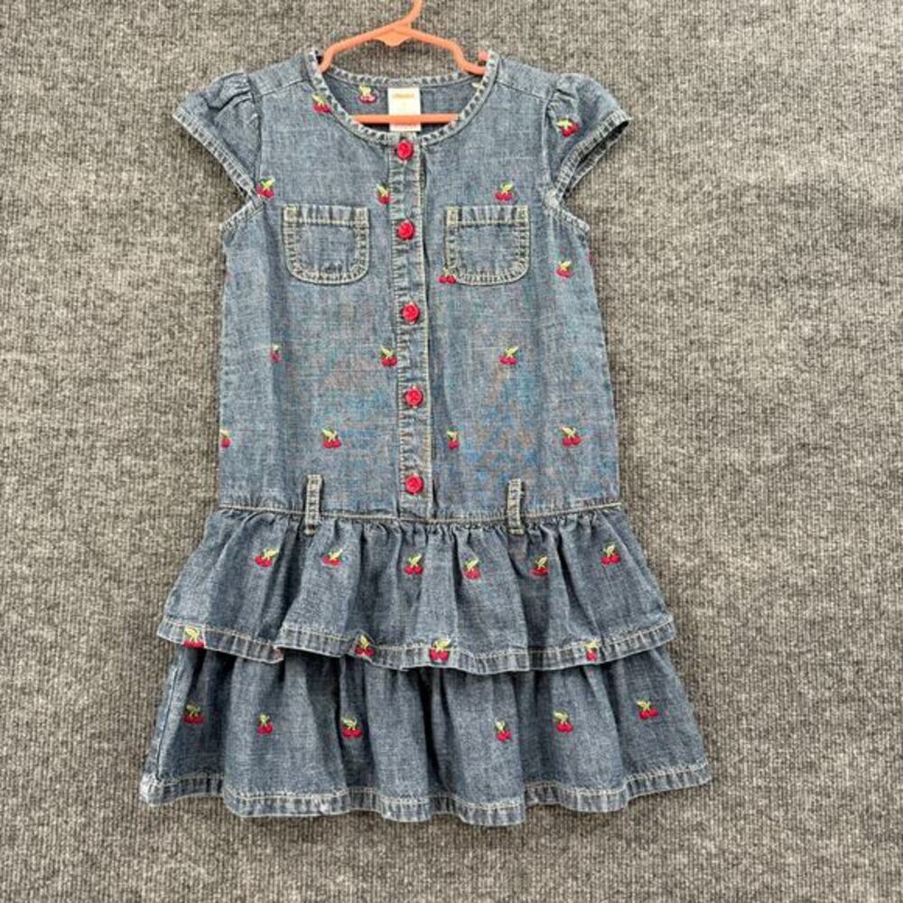 Gymboree Girls Denim Cherry Embroidered Tiered Ruffle Dress Sz 5 Drop Waist 2011
